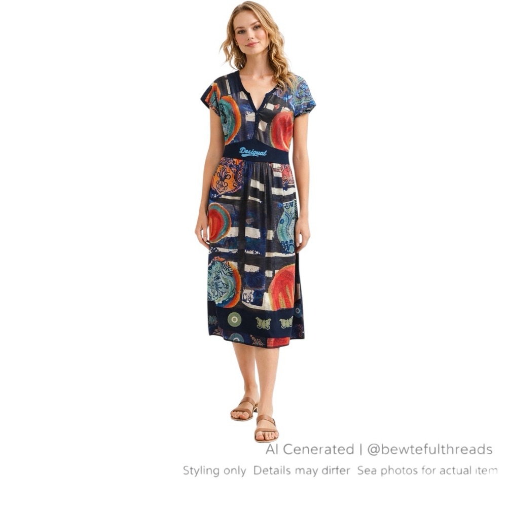 Desigual Graphic Print Cotton Midi Dress Blue Logo Waist M